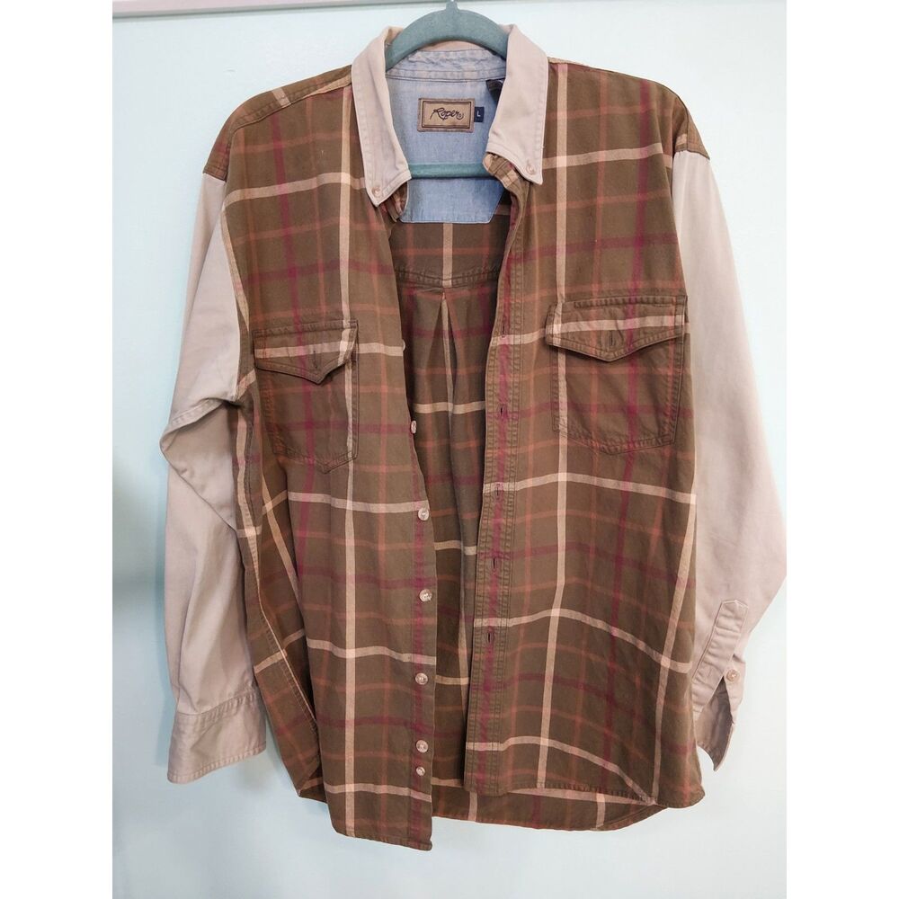 Roper Men's western vintage denim shirt Large brown button-up two front pockets